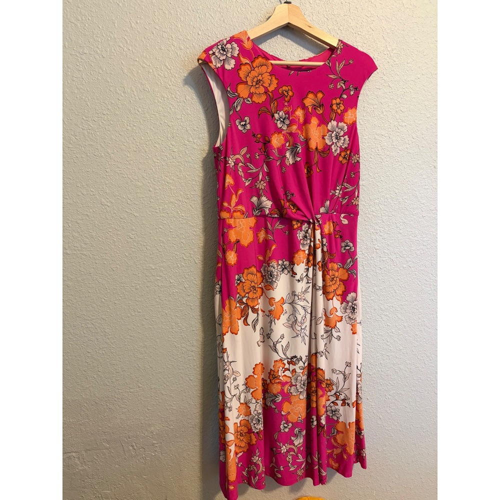 Vince Camuto Pink Orange Floral Twist Front Sheath Dress Size 12 Sleeveless Midi